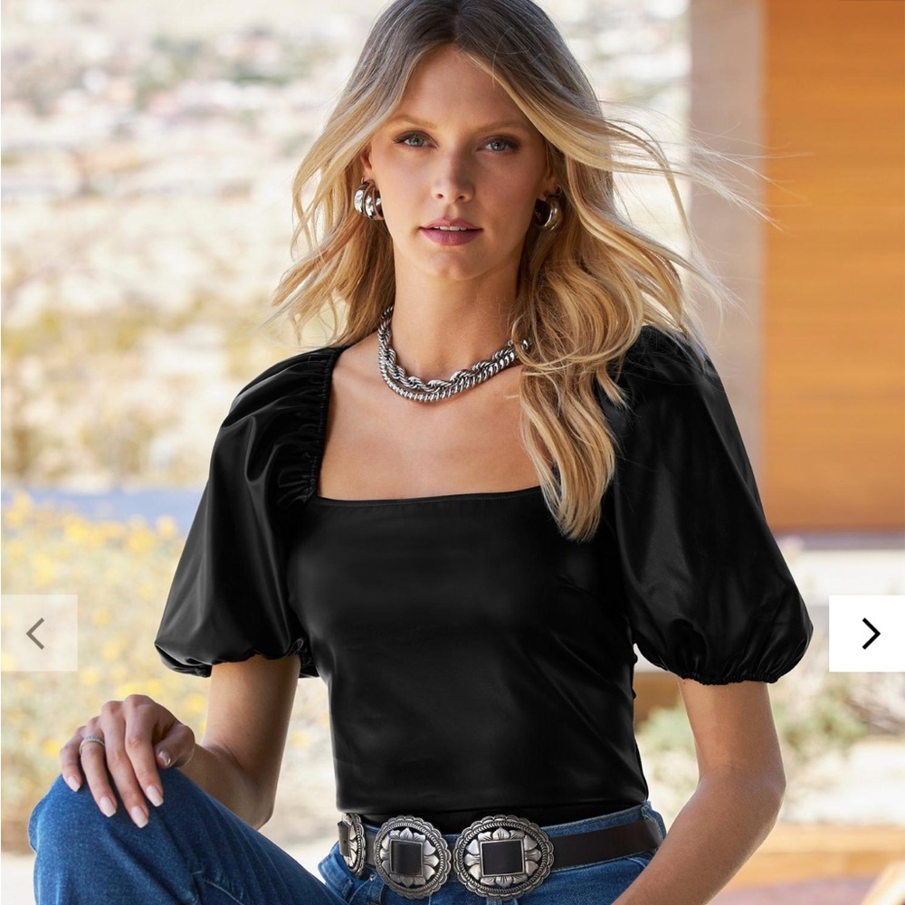 Holiday ready in this Sexy Square Neck Top with faux leather and puff sleeves!